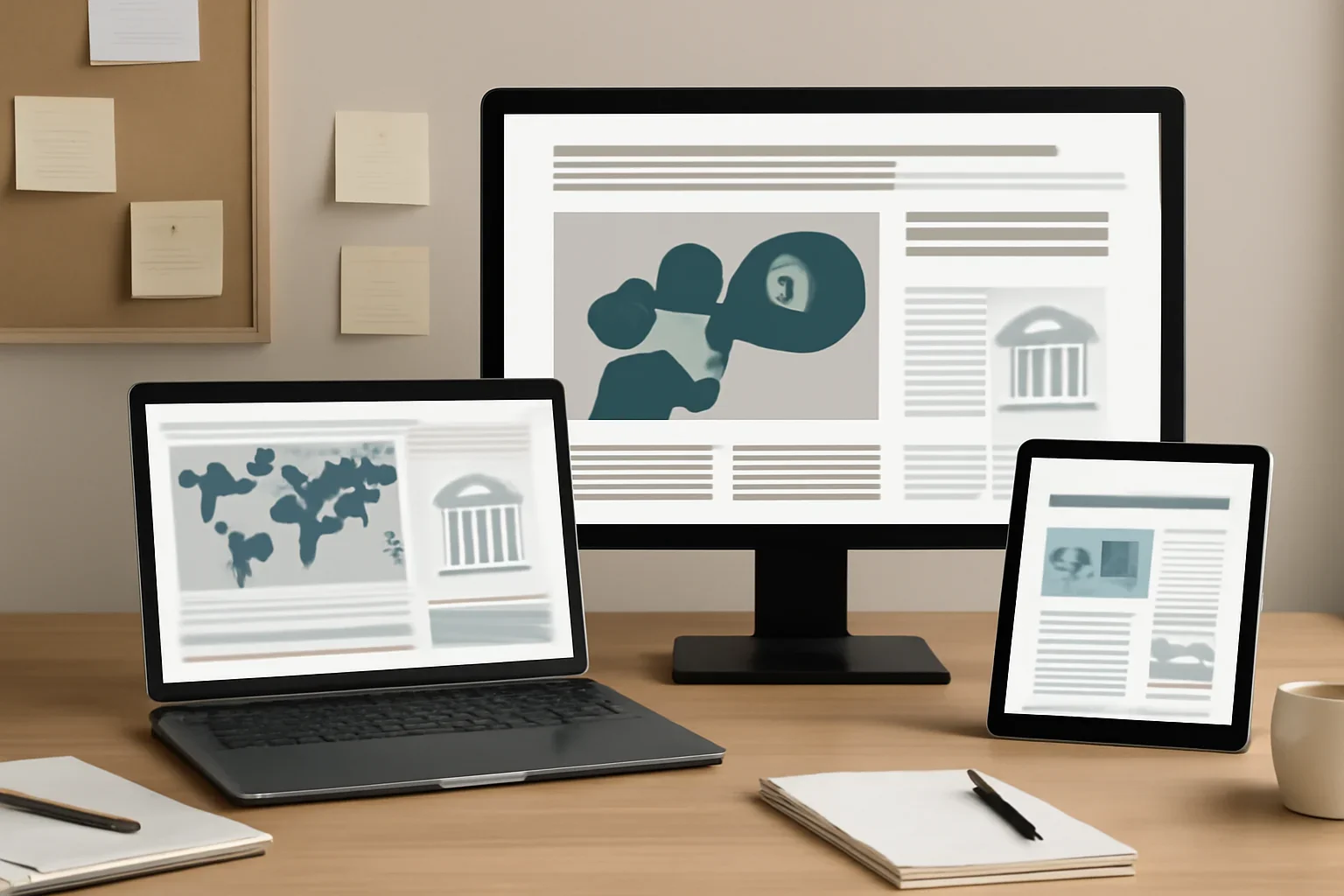 Editorial workspace focused on institutional reach solutions with screens, notes, and a clean digital layout