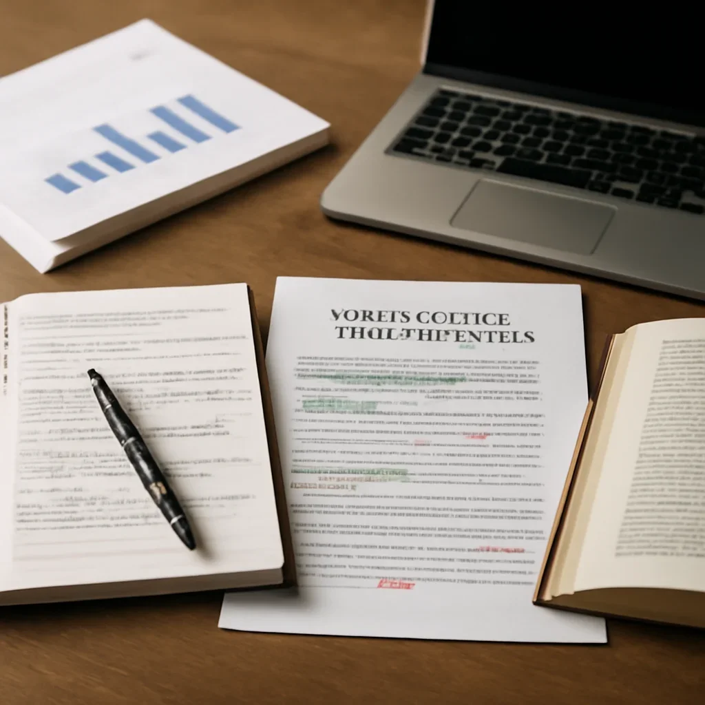 Reporter desk with notebooks, marked-up copy, and reference material for institutional reach solutions