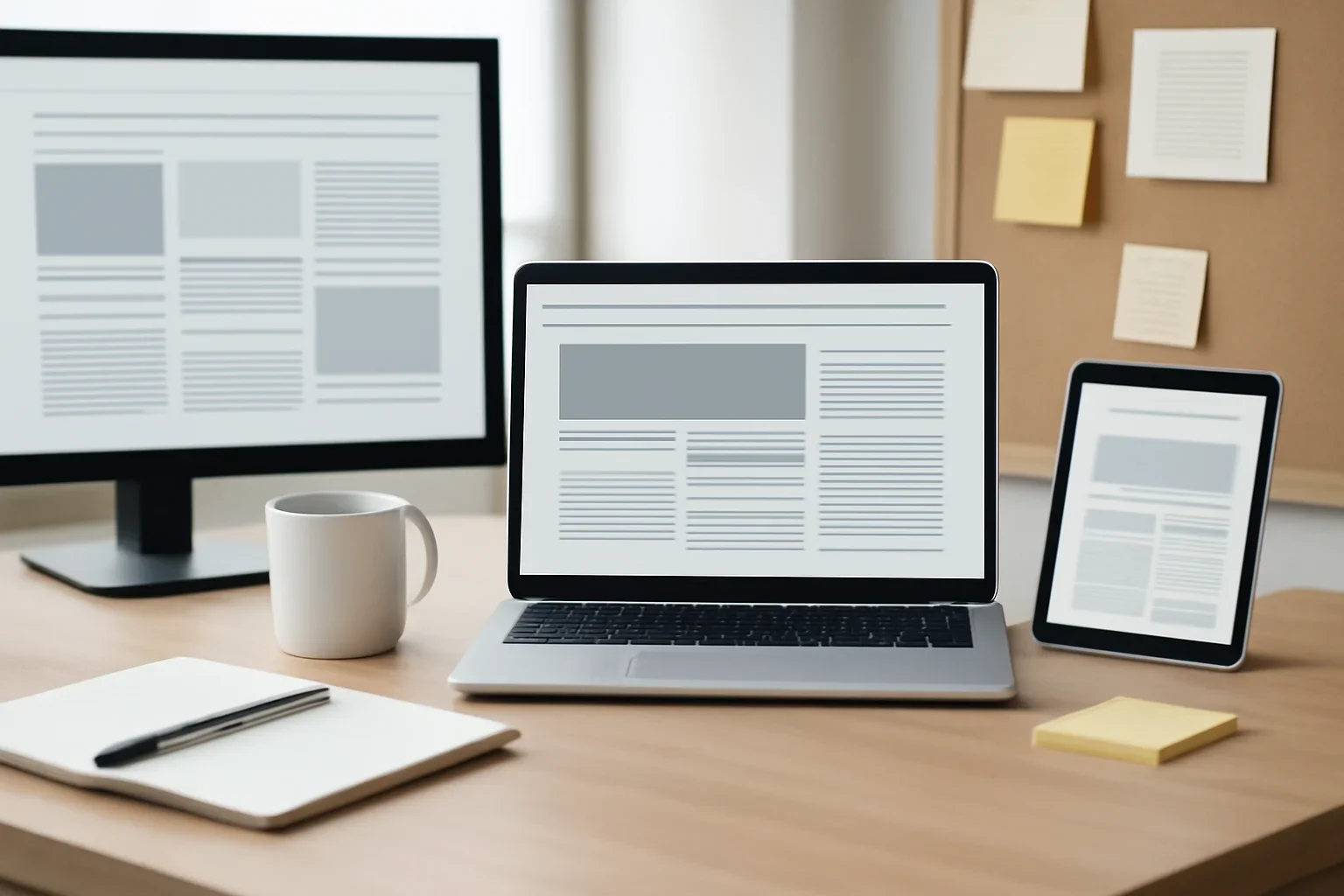 Editorial workspace focused on reader value proposition with screens, notes, and a clean digital layout