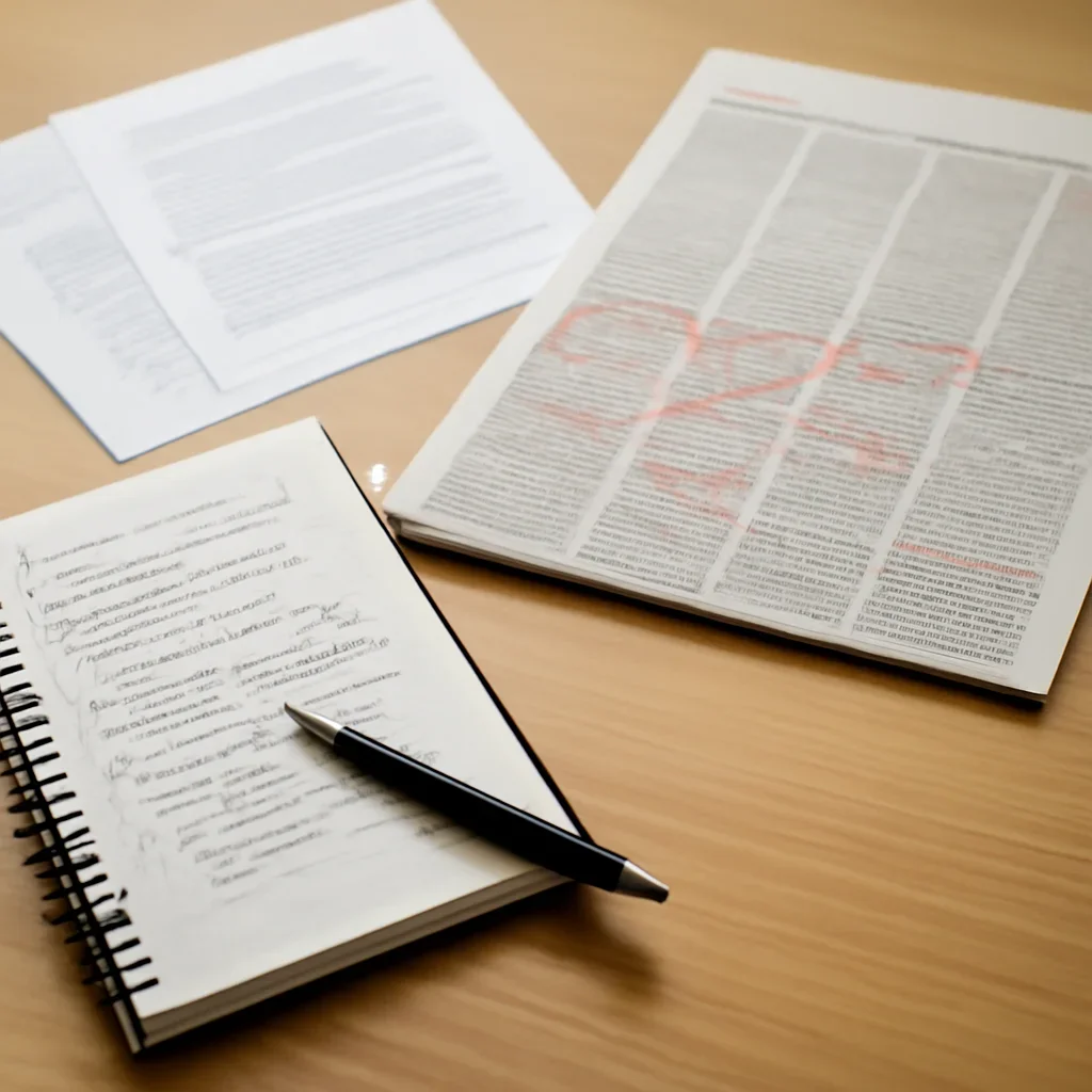 Reporter desk with notebooks, marked-up copy, and reference material for reader value proposition