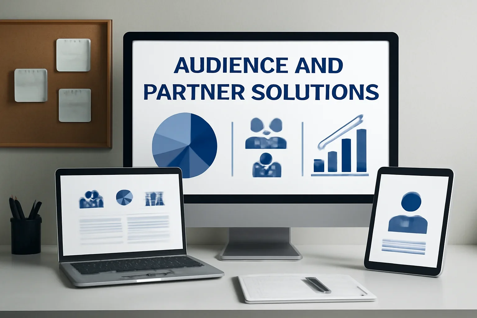Editorial workspace focused on audience and partner solutions with screens, notes, and a clean digital layout