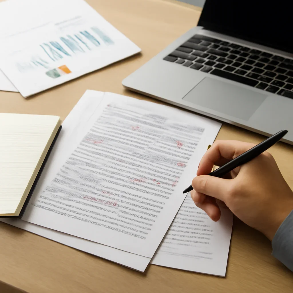 Reporter desk with notebooks, marked-up copy, and reference material for audience and partner solutions
