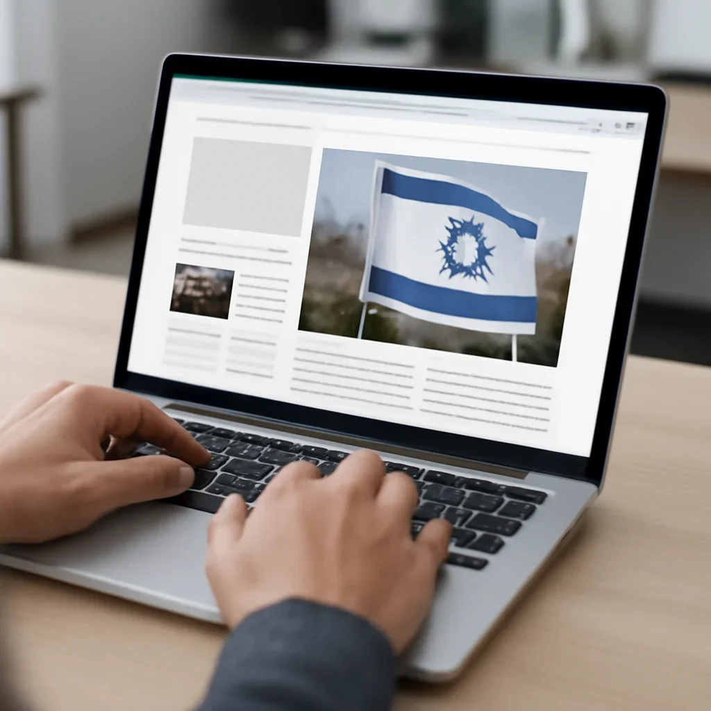 Reader continuing from sponsored content into related Israel coverage on a laptop