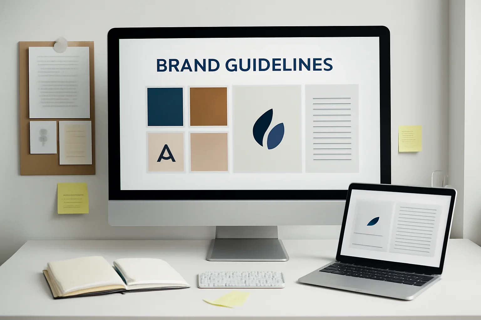Editorial workspace focused on brand studio guidelines with screens, notes, and a clean digital layout