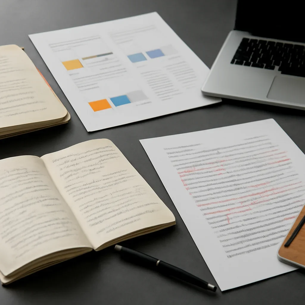Reporter desk with notebooks, marked-up copy, and reference material for brand studio guidelines