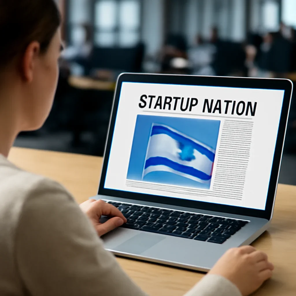 Reader continuing from startup nation into related Israel coverage on a laptop