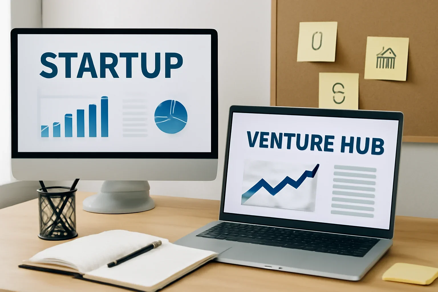 Editorial workspace focused on startups and venture hub with screens, notes, and a clean digital layout
