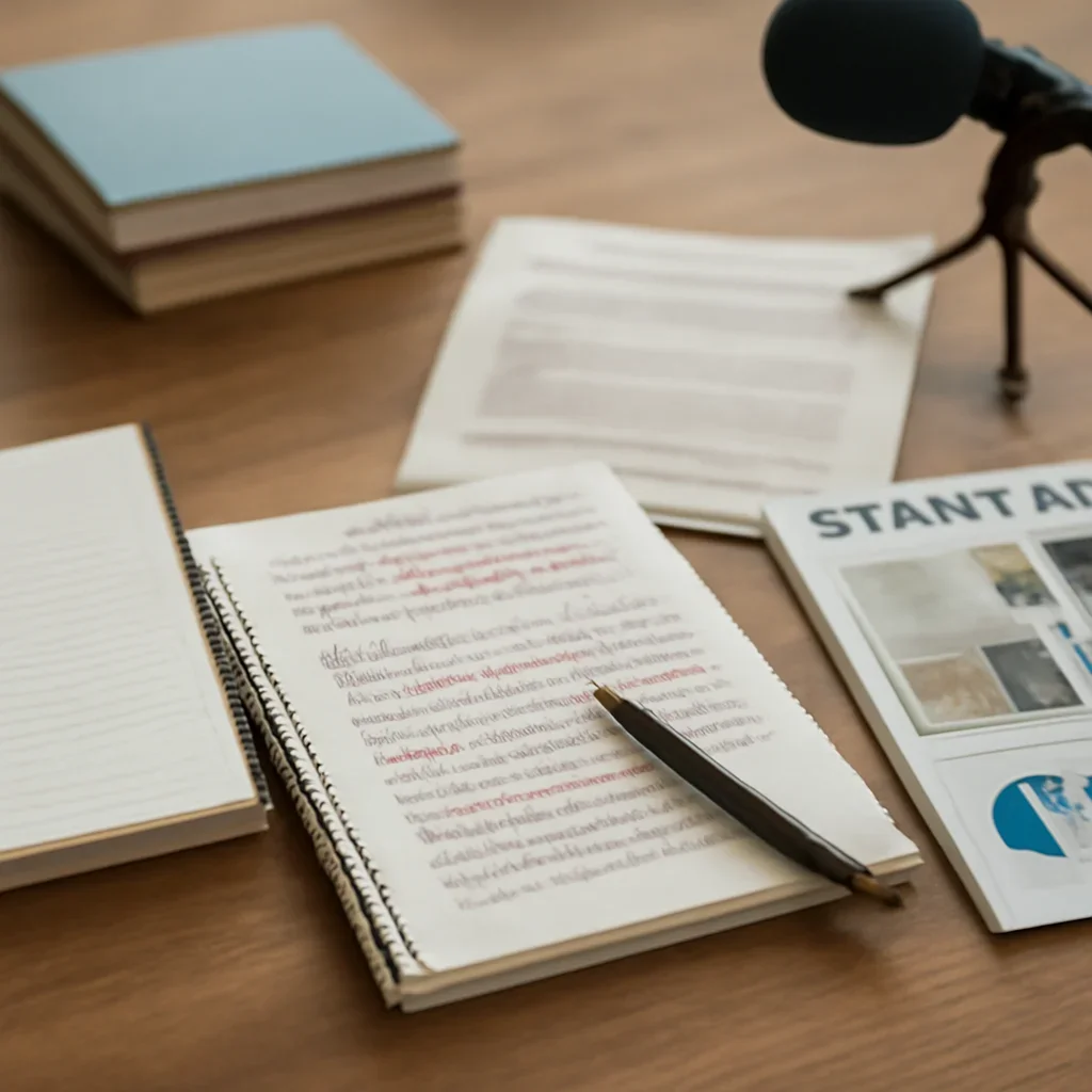 Reporter desk with notebooks, marked-up copy, and reference material for startups and venture hub