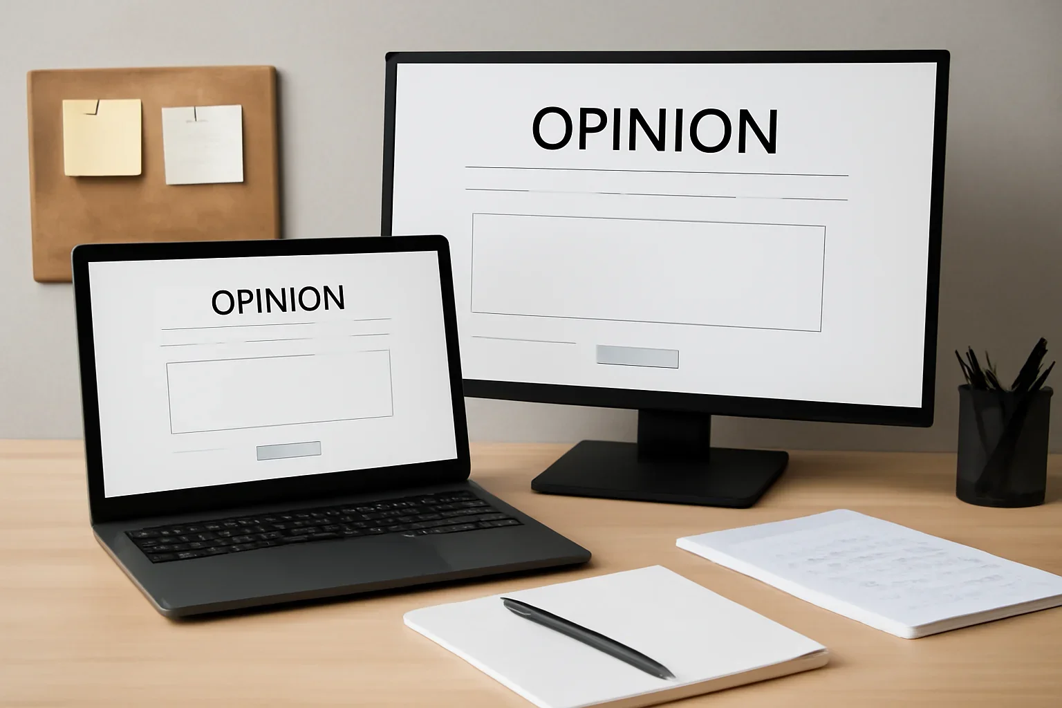 Editorial workspace focused on opinion submission page with screens, notes, and a clean digital layout