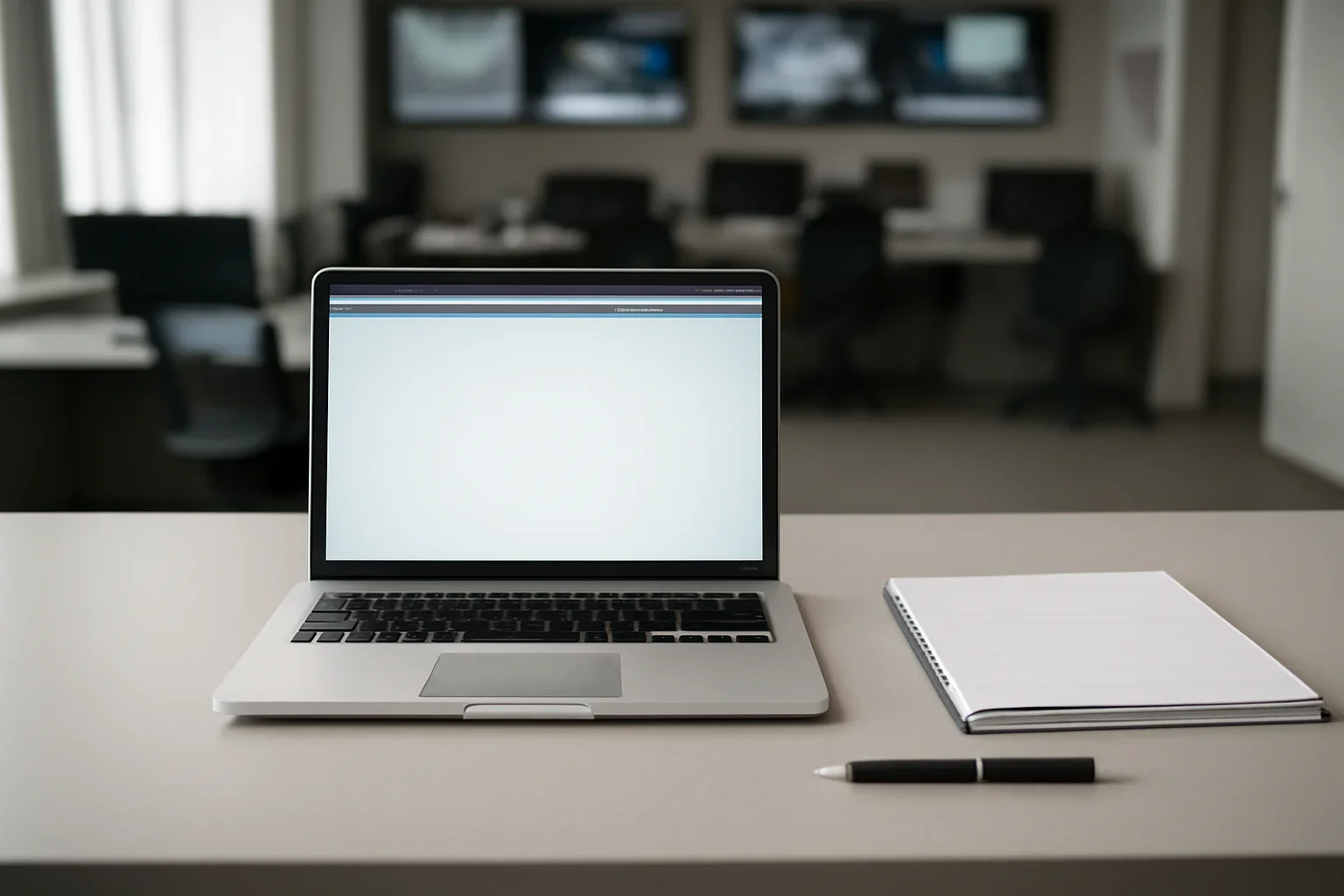 Newsroom operations desk prepared for support center with laptop, notes, and a clean reading interface