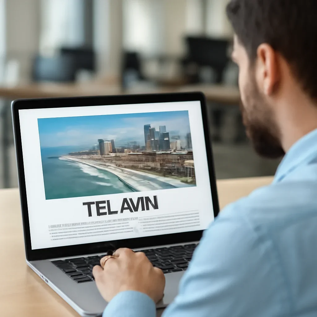 Reader continuing from tel aviv into related Israel coverage on a laptop