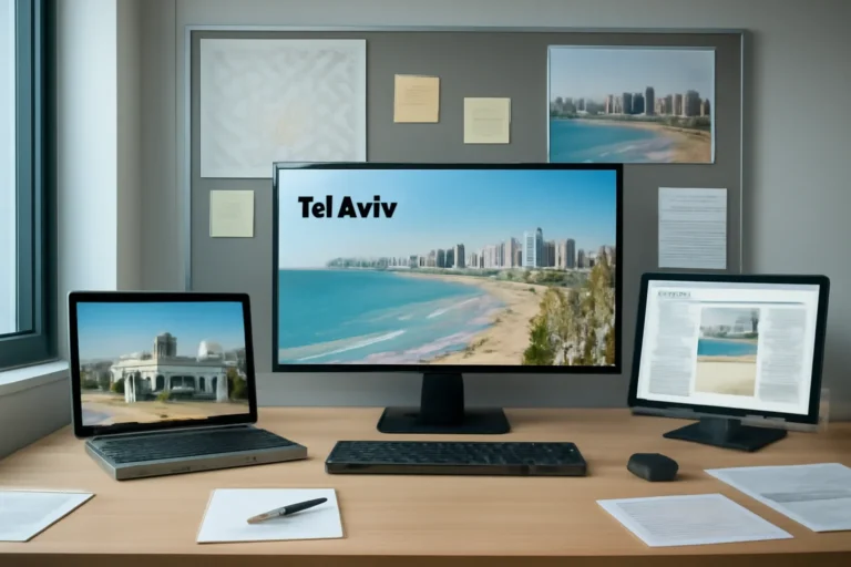 Editorial workspace focused on tel aviv coverage hub with screens, notes, and a clean digital layout