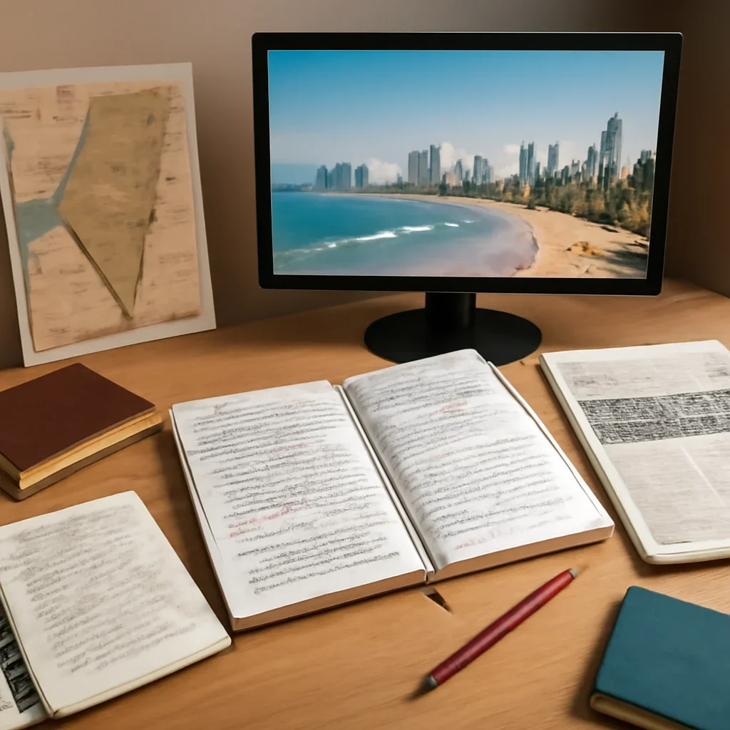 Reporter desk with notebooks, marked-up copy, and reference material for tel aviv coverage hub