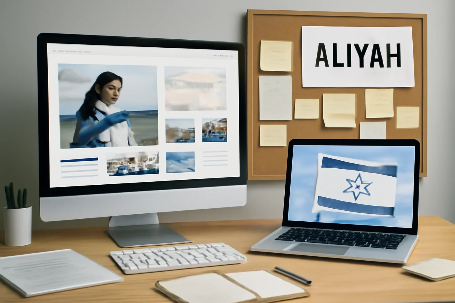 Editorial workspace focused on aliyah topic hub with screens, notes, and a clean digital layout