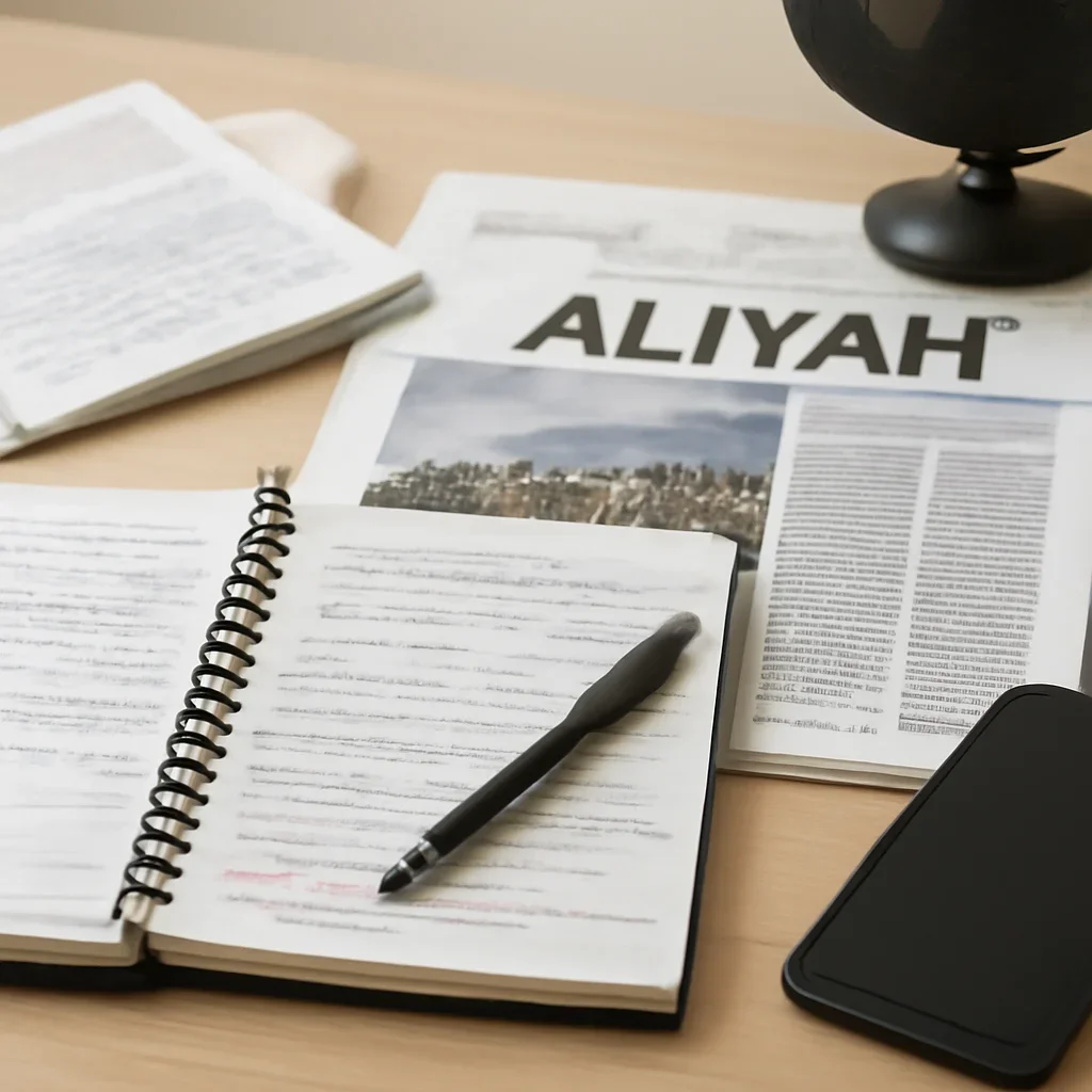 Reporter desk with notebooks, marked-up copy, and reference material for aliyah topic hub