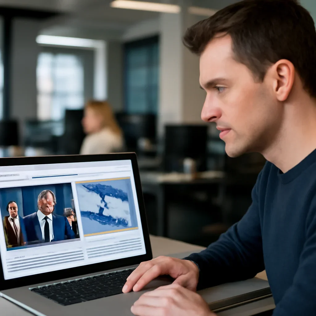 Reader continuing from coalition government into related Israel coverage on a laptop