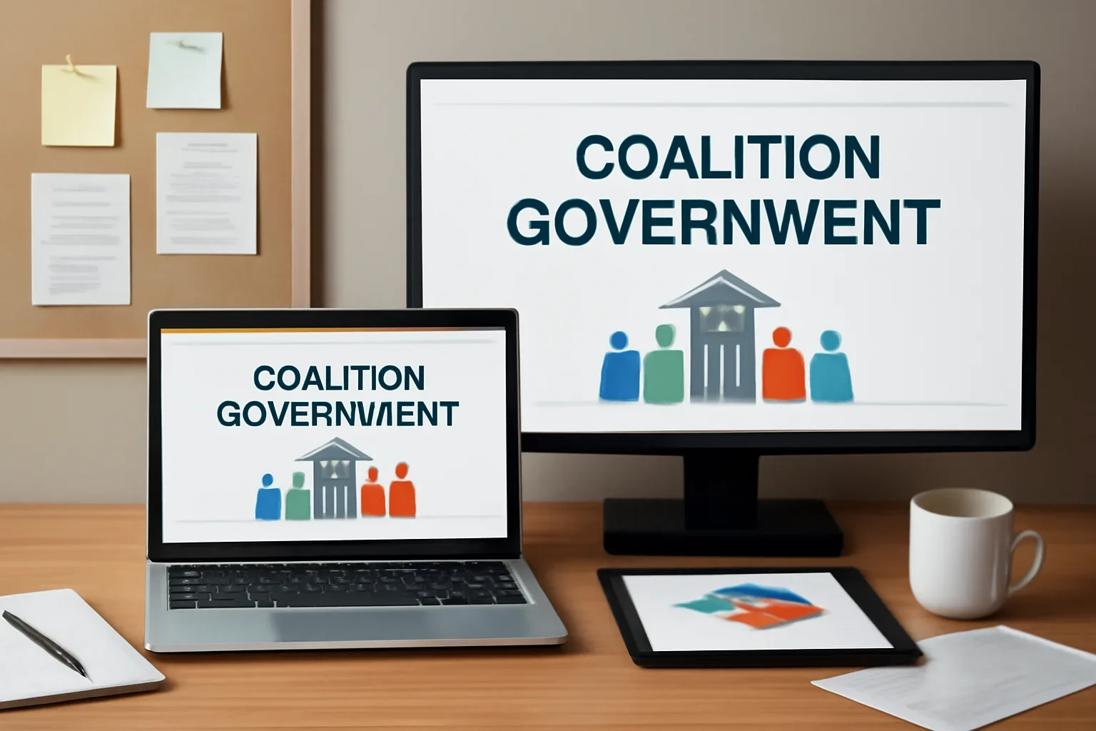 Editorial workspace focused on coalition government topic hub with screens, notes, and a clean digital layout
