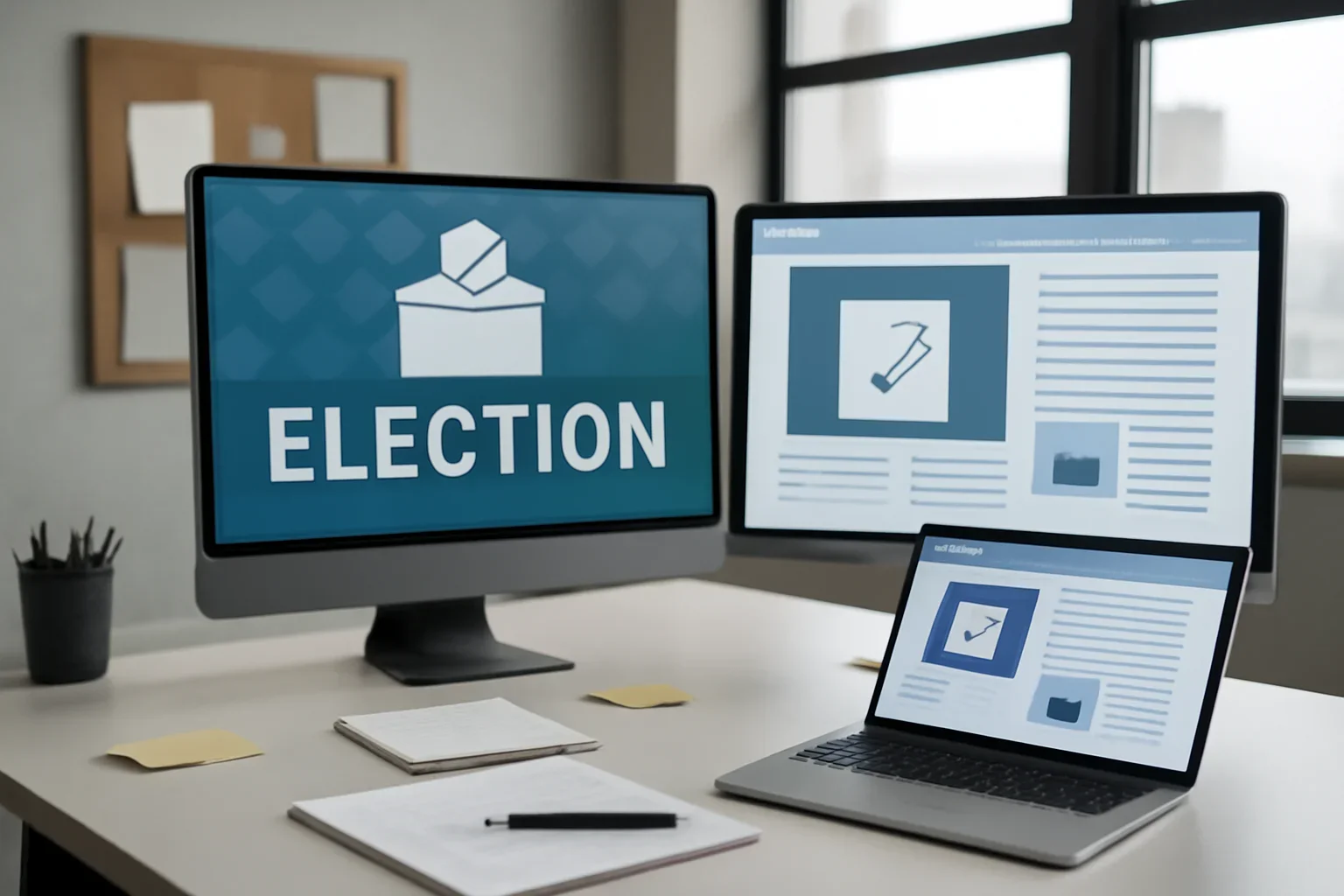 Editorial workspace focused on election topic hub with screens, notes, and a clean digital layout