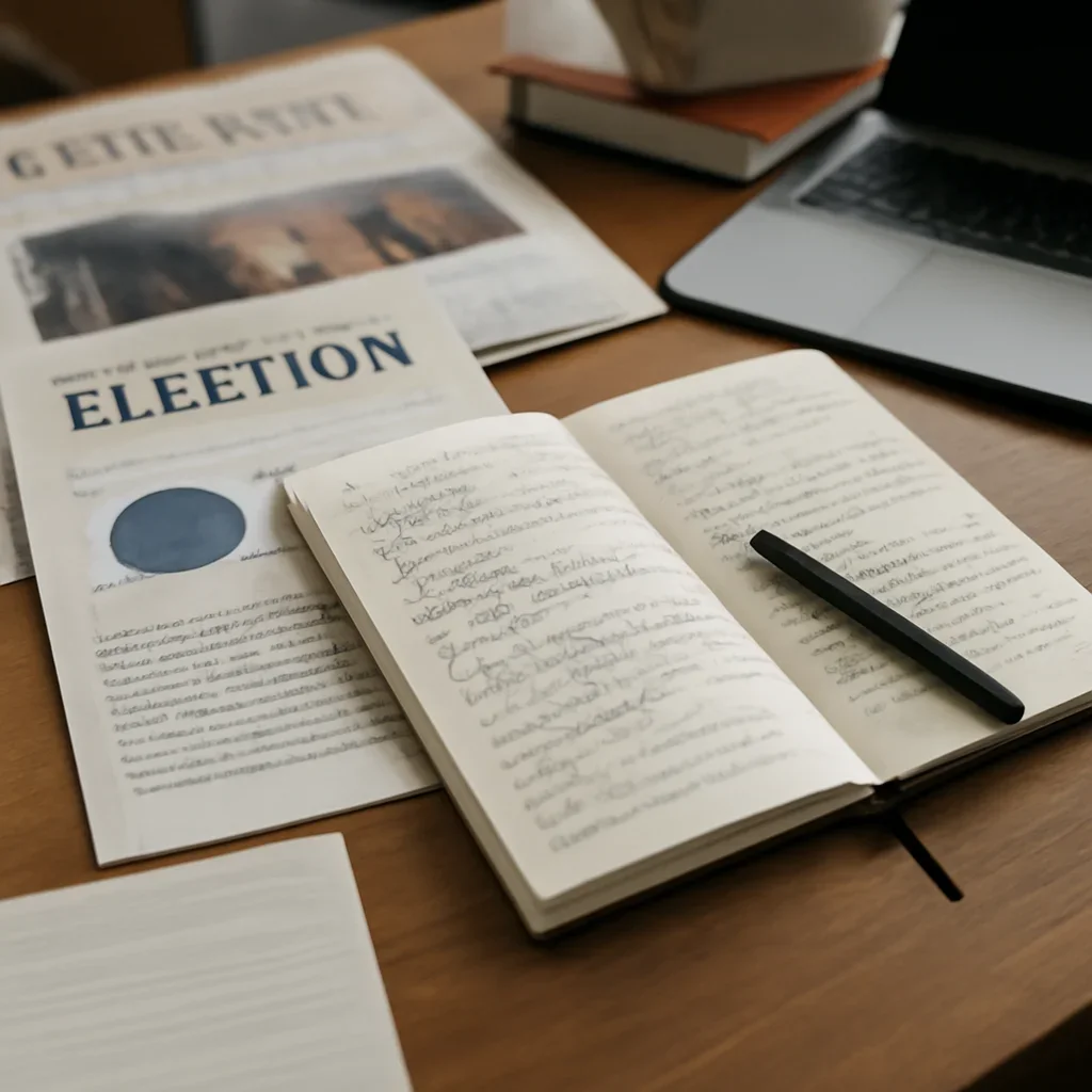 Reporter desk with notebooks, marked-up copy, and reference material for election topic hub