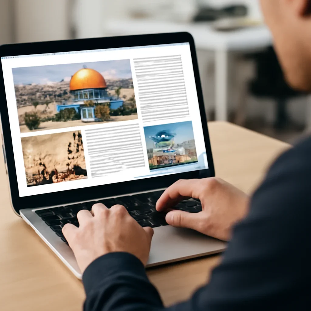 Reader continuing from holy sites into related Israel coverage on a laptop
