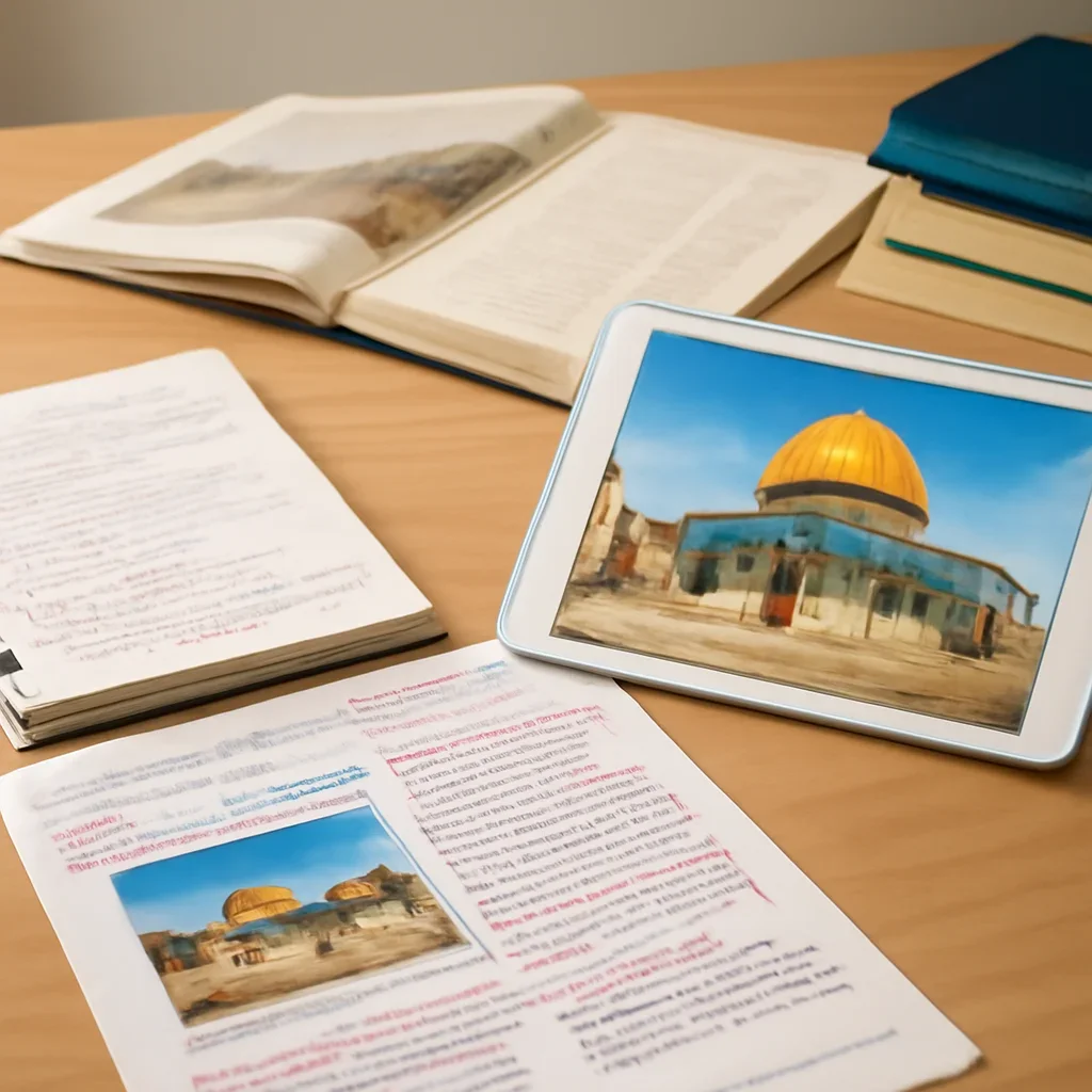 Reporter desk with notebooks, marked-up copy, and reference material for holy sites topic hub