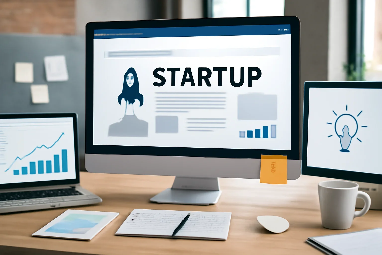 Editorial workspace focused on startup topic hub with screens, notes, and a clean digital layout