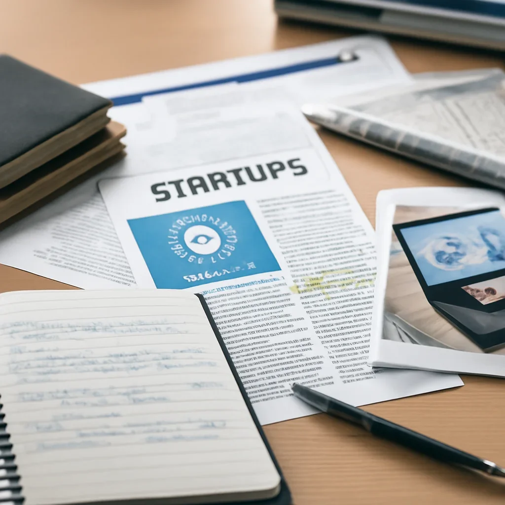 Reporter desk with notebooks, marked-up copy, and reference material for startup topic hub