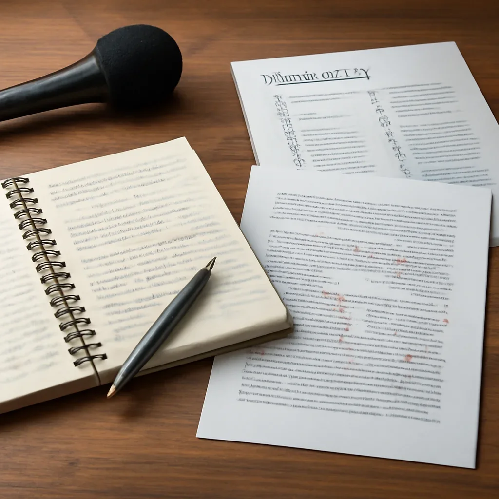 Reporter desk with notebooks, marked-up copy, and reference material for topics a-z directory