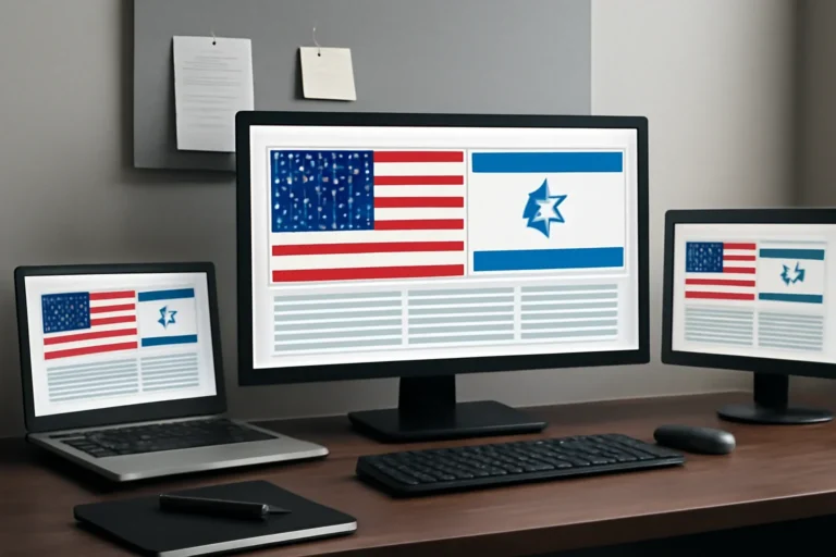 Editorial workspace focused on bilateral relations hub with screens, notes, and a clean digital layout