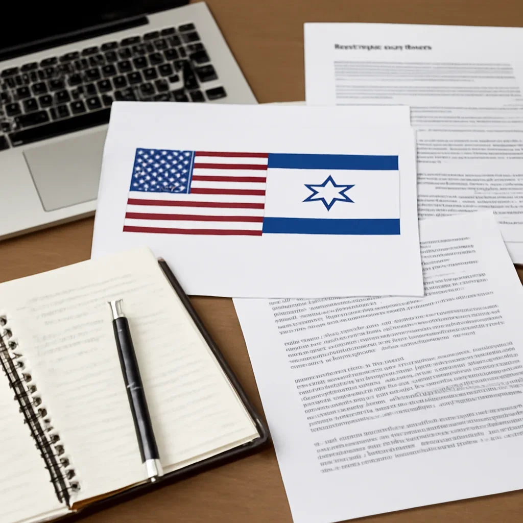 Reporter desk with notebooks, marked-up copy, and reference material for bilateral relations hub