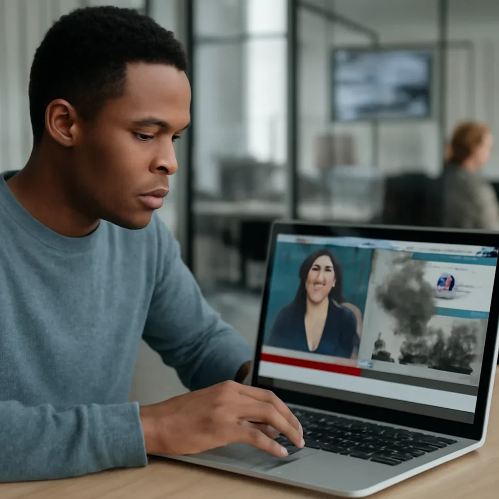 Reader continuing from video into related Israel coverage on a laptop