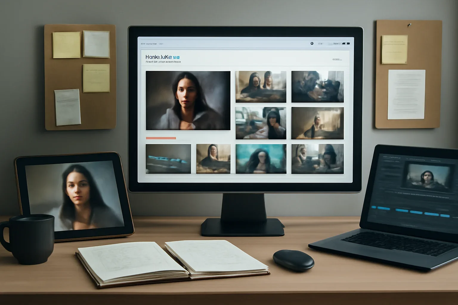 Editorial workspace focused on video hub with screens, notes, and a clean digital layout