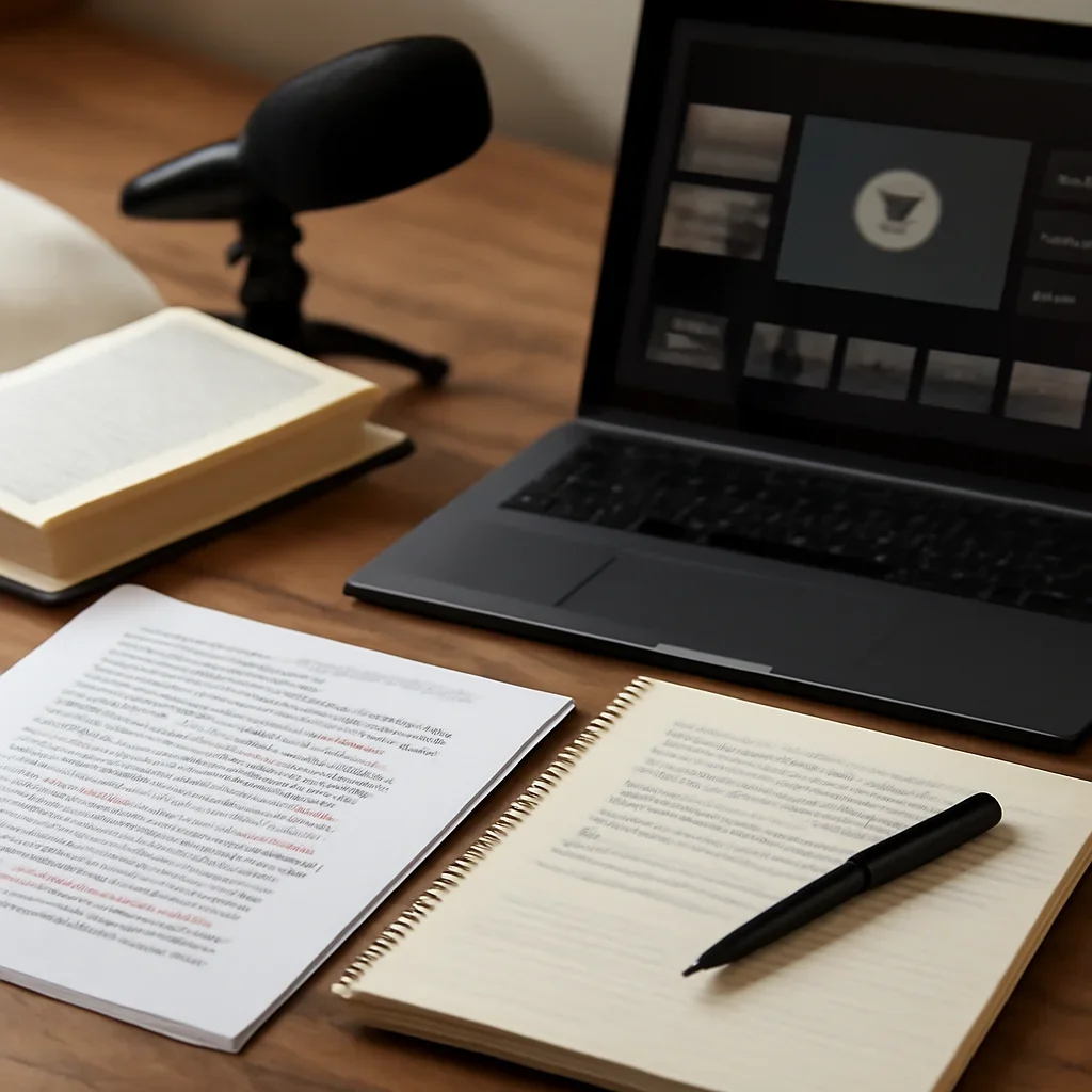 Reporter desk with notebooks, marked-up copy, and reference material for video hub