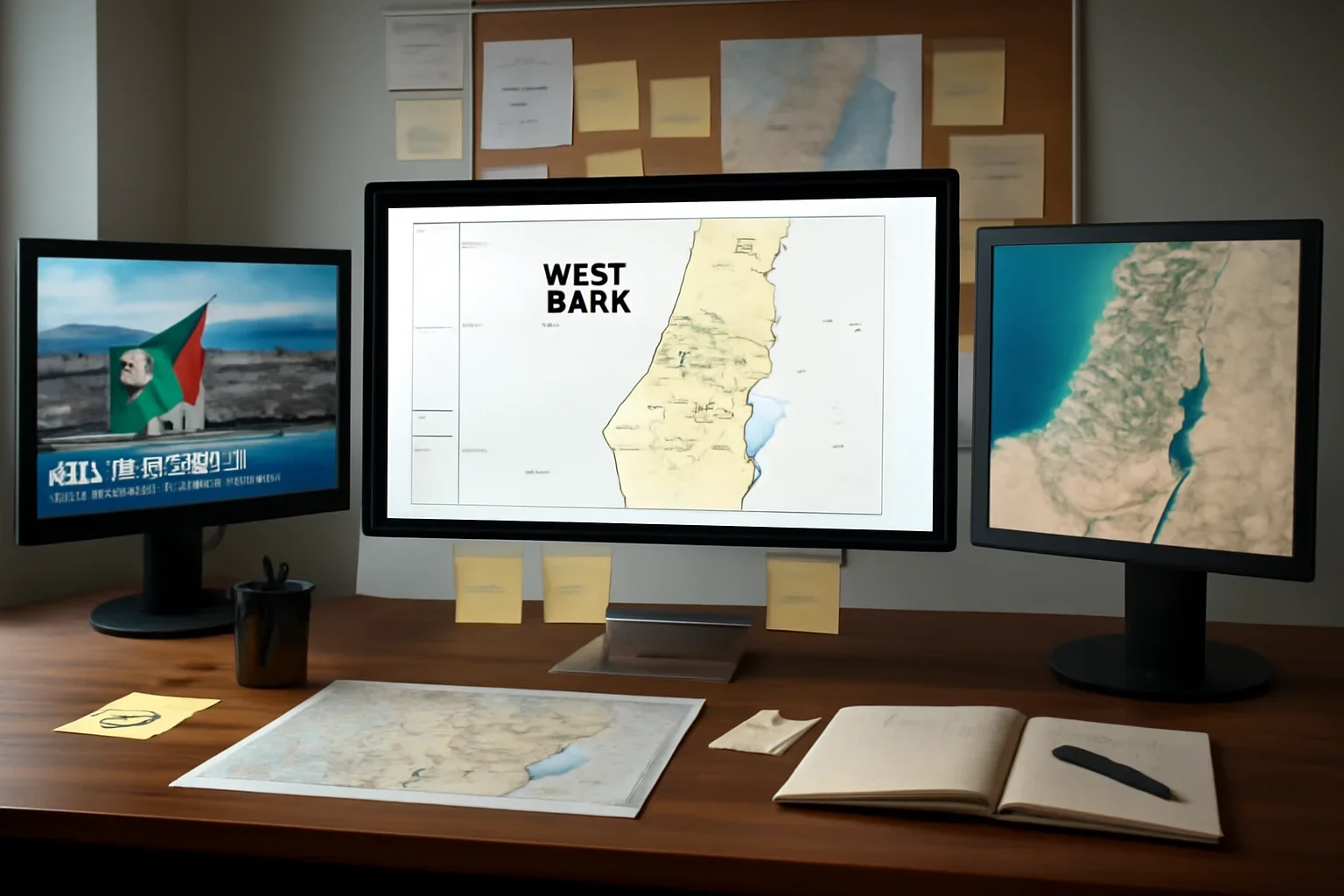 Editorial workspace focused on west bank coverage hub with screens, notes, and a clean digital layout
