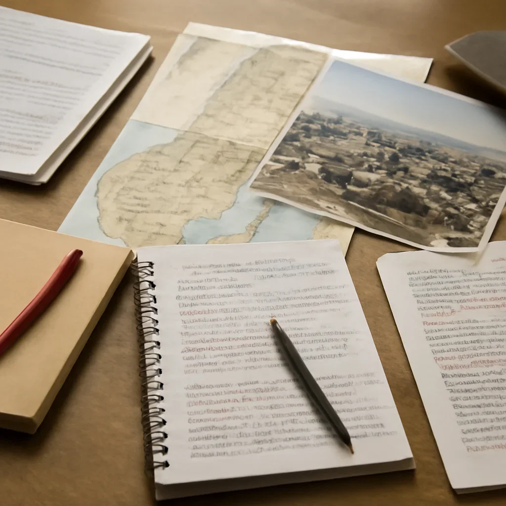 Reporter desk with notebooks, marked-up copy, and reference material for west bank coverage hub